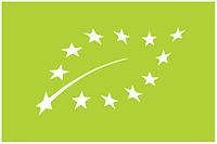 EU-märket för certifierade ekologiska produkter. Vita stjärnor på grön bakgrund formar konturerna av ett löv